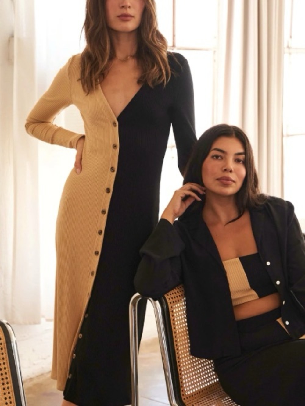 Whimsy + Row Colorblock Button-Front Rib Midi Dress in Black and Tan